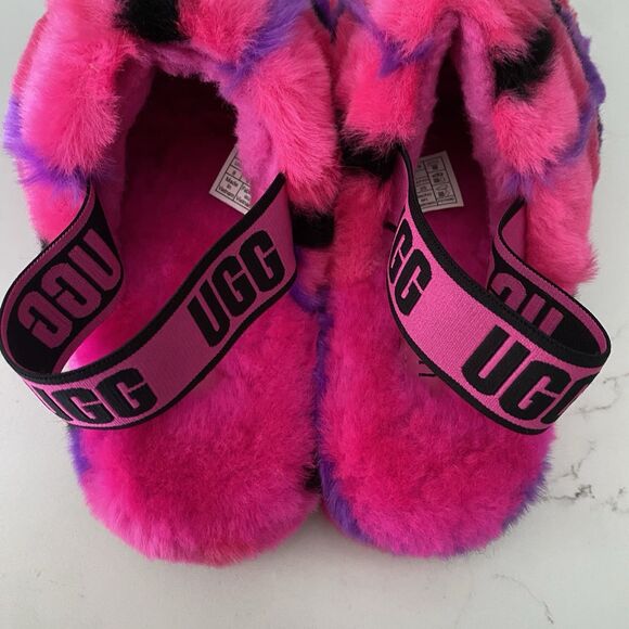 Ugg Fluff Yeah Slide Sandal Slippers Sz 8 Pink Punk Plaid Fuzzy Furry Slingback - Picture 3 of 5